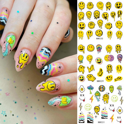 12 modele Trippy Smile Fata Unghii Decalcomanii de apă Decalcomar ciuperci Slider Decals Trippy Nail Art Curcubeu Autocolant de transfer Decalcomanie Ochi