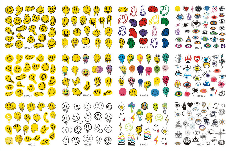 12 σχέδια Trippy Smile Face Nails Αυτοκόλλητα με νερό Αυτοκόλλητα με μανιτάρια Slider Αυτοκόλλητα Trippy Nail Art Rainbow Transfer Αυτοκόλλητα Αυτοκόλλητα Μάτια
