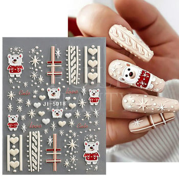 5D Relief Cute Bears Snow Nails Αυτοκόλλητα Χειμερινά γάντια Snowflake Χριστουγεννιάτικη διακόσμηση Σχέδιο μανικιούρ Αυτοκόλλητα για το νέο έτος JI-5D20