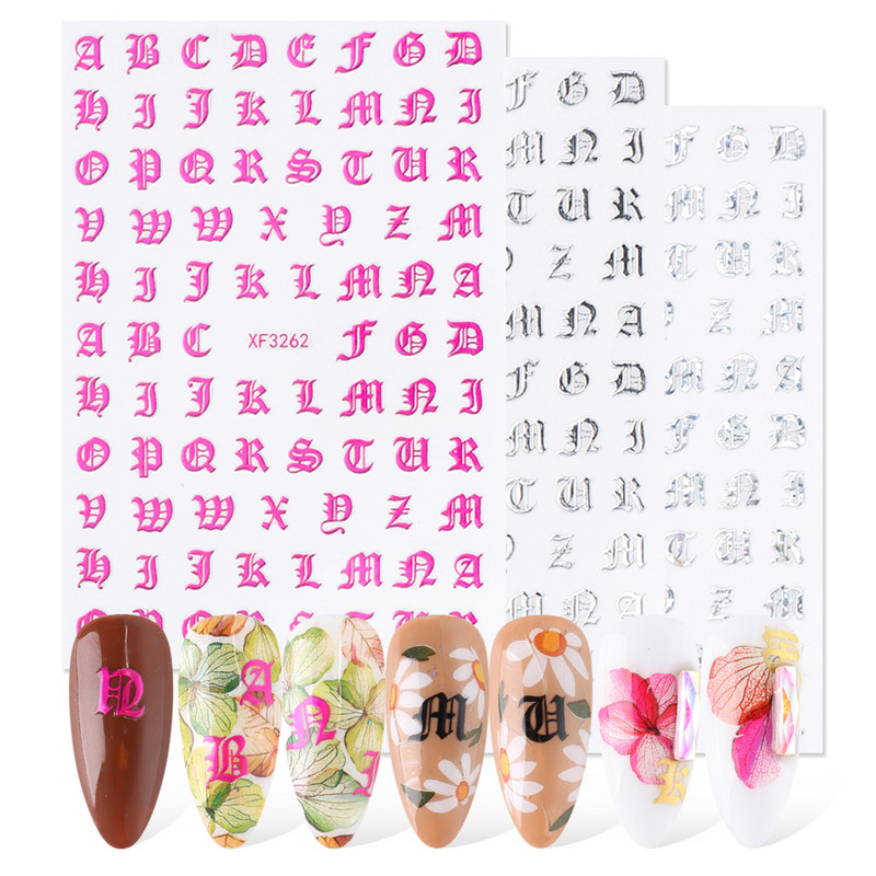 3D Nail Art matricák gótikus betű fekete arany Cool Design ábécé ragasztó csúszka köröm felirat manikűr dekoráció CHXF3262