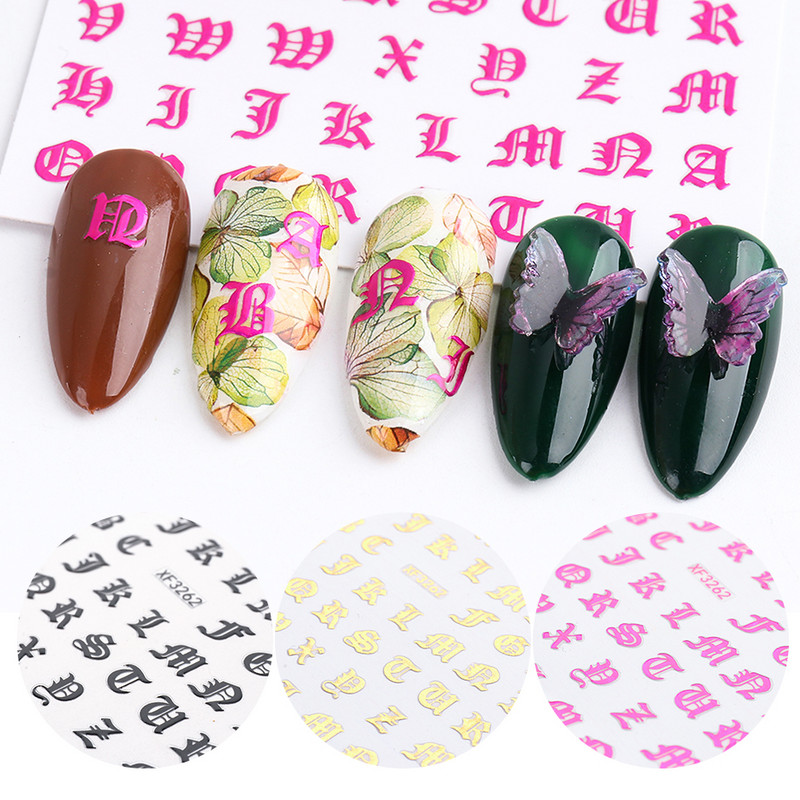 3D Nail Art matricák gótikus betű fekete arany Cool Design ábécé ragasztó csúszka köröm felirat manikűr dekoráció CHXF3262