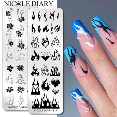 NICOLE DIARY Fire Flower Nail Stamping Plates Sexy Girl Love Heart Printing Stencil Manicuring Art Stamp Templates Инструмент за ноктопластика