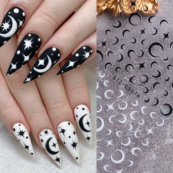 1 φύλλο Μαύρα άσπρα αυτοκόλλητα Star 3D Nail Art Sliders Moon Fire Smiling Checkerboard Εικόνα Αυτοκόλλητο μεμβράνη διακοσμητικά JISTZ-CS076