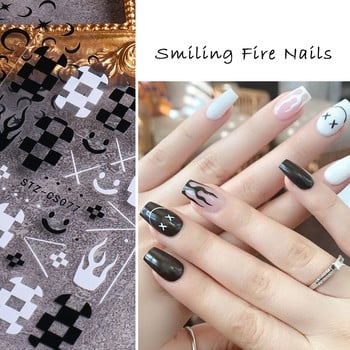 1 φύλλο Μαύρα άσπρα αυτοκόλλητα Star 3D Nail Art Sliders Moon Fire Smiling Checkerboard Εικόνα Αυτοκόλλητο μεμβράνη διακοσμητικά JISTZ-CS076