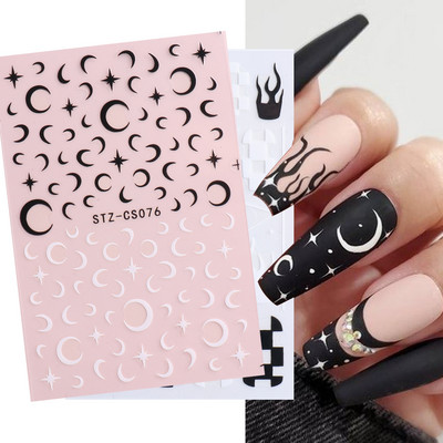 1 foaie de autocolante alb-negru Star 3D Nail Art Sliders Moon Fire Zâmbitor Checkerboard Imagine Auto-adeziv Decoruri din folie JISTZ-CS076