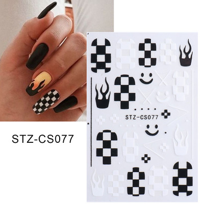 1 φύλλο Μαύρα άσπρα αυτοκόλλητα Star 3D Nail Art Sliders Moon Fire Smiling Checkerboard Εικόνα Αυτοκόλλητο μεμβράνη διακοσμητικά JISTZ-CS076