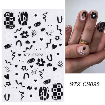 1 φύλλο Μαύρα άσπρα αυτοκόλλητα Star 3D Nail Art Sliders Moon Fire Smiling Checkerboard Εικόνα Αυτοκόλλητο μεμβράνη διακοσμητικά JISTZ-CS076