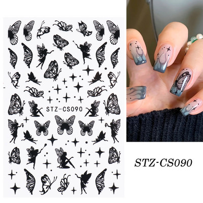 1 φύλλο Μαύρα άσπρα αυτοκόλλητα Star 3D Nail Art Sliders Moon Fire Smiling Checkerboard Εικόνα Αυτοκόλλητο μεμβράνη διακοσμητικά JISTZ-CS076