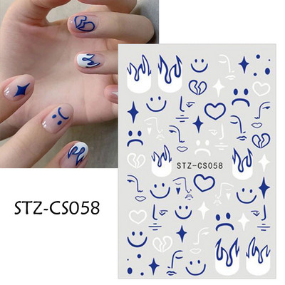 1 φύλλο Μαύρα άσπρα αυτοκόλλητα Star 3D Nail Art Sliders Moon Fire Smiling Checkerboard Εικόνα Αυτοκόλλητο μεμβράνη διακοσμητικά JISTZ-CS076