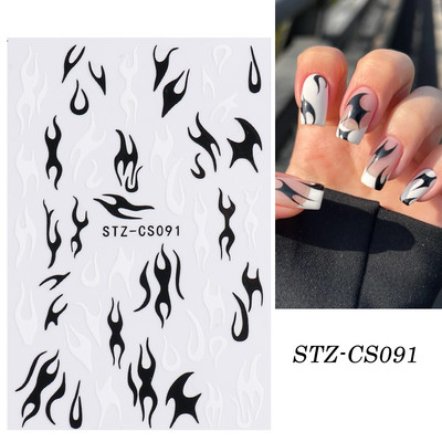 1 φύλλο Μαύρα άσπρα αυτοκόλλητα Star 3D Nail Art Sliders Moon Fire Smiling Checkerboard Εικόνα Αυτοκόλλητο μεμβράνη διακοσμητικά JISTZ-CS076