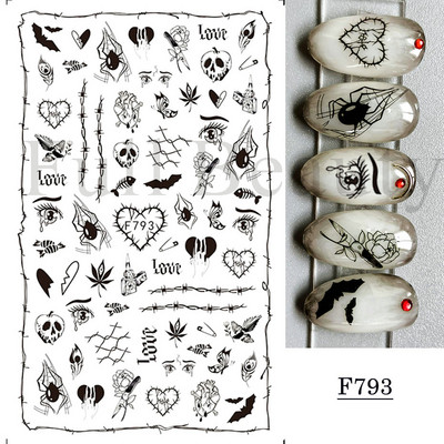 1 φύλλο Μαύρα άσπρα αυτοκόλλητα Star 3D Nail Art Sliders Moon Fire Smiling Checkerboard Εικόνα Αυτοκόλλητο μεμβράνη διακοσμητικά JISTZ-CS076
