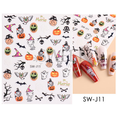 Autocolante 3D pentru unghii cu dovleac roz, drăguț și distractiv de Halloween, păianjen, groază, sânge, mână, autocolante pentru unghii, pentru decorarea unghiilor, folii SASW-J