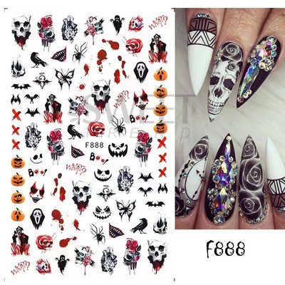 Autocolante 3D pentru unghii cu dovleac roz, drăguț și distractiv de Halloween, păianjen, groază, sânge, mână, autocolante pentru unghii, pentru decorarea unghiilor, folii SASW-J
