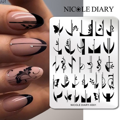 NICOLE DIARY Leaves Flower Stripe Design Plate Stamping Abstract Lady Face Stamp Stamp Nail Templates Leaf Floral Printing Stencil