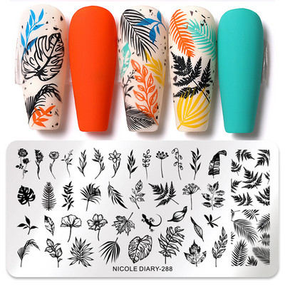 NICOLE DIARY Leaves Flower Stripe Design Plate Stamping Abstract Lady Face Stamp Stamp Nail Templates Leaf Floral Printing Stencil