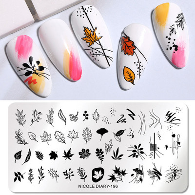 NICOLE DIARY Leaves Flower Stripe Design Plate Stamping Abstract Lady Face Stamp Stamp Nail Templates Leaf Floral Printing Stencil