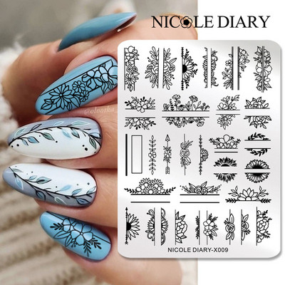NICOLE DIARY Leaves Flower Stripe Design Plate Stamping Abstract Lady Face Stamp Stamp Nail Templates Leaf Floral Printing Stencil