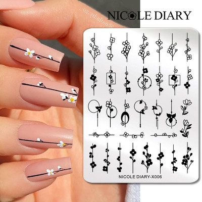 NICOLE DIARY Leaves Flower Stripe Design Plate Stamping Abstract Lady Face Stamp Stamp Nail Templates Leaf Floral Printing Stencil