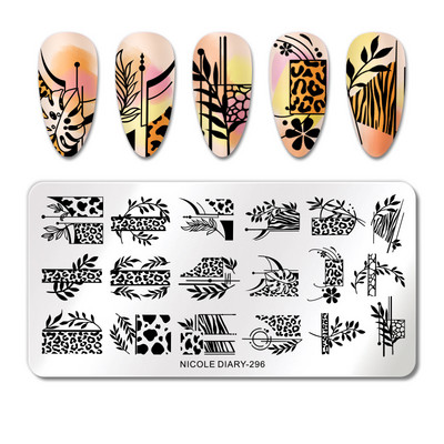 NICOLE DIARY Leaves Flower Stripe Design Plate Stamping Abstract Lady Face Stamp Stamp Nail Templates Leaf Floral Printing Stencil