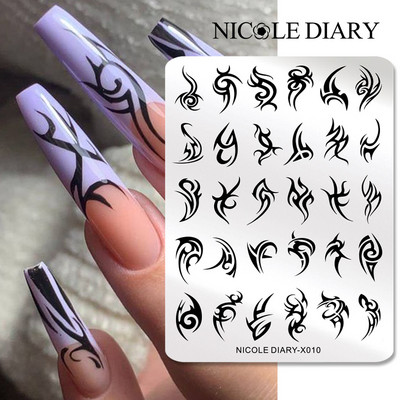 NICOLE DIARY Leaves Flower Stripe Design Plate Stamping Abstract Lady Face Stamp Stamp Nail Templates Leaf Floral Printing Stencil