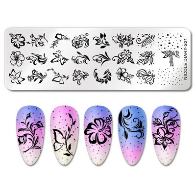 NICOLE DIARY Leaves Flower Stripe Design Plate Stamping Abstract Lady Face Stamp Stamp Nail Templates Leaf Floral Printing Stencil