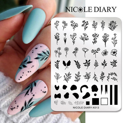 NICOLE DIARY Leaves Flower Stripe Design Plate Stamping Abstract Lady Face Stamp Stamp Nail Templates Leaf Floral Printing Stencil