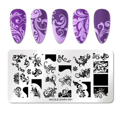 NICOLE DIARY Leaves Flower Stripe Design Plate Stamping Abstract Lady Face Stamp Stamp Nail Templates Leaf Floral Printing Stencil