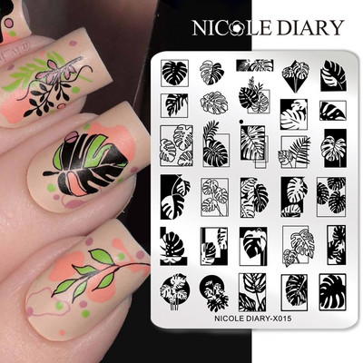 NICOLE DIARY Leaves Flower Stripe Design Plate Stamping Abstract Lady Face Stamp Stamp Nail Templates Leaf Floral Printing Stencil