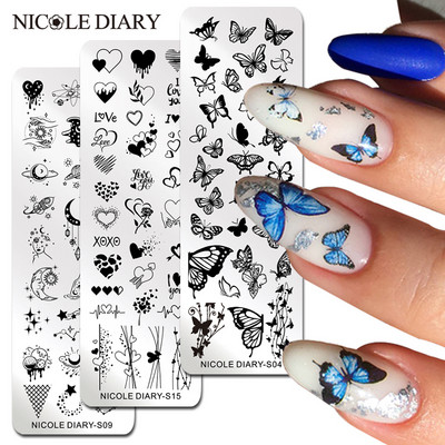 NICOLE DIARY Blue Butterfly Nail Art štancēšanas plāksne Love Heart Wave Line Image Nagu zīmogu veidnes UV gēla lakas drukas rīki