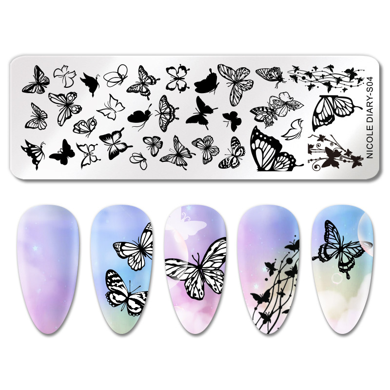NICOLE DIARY Blue Butterfly Nail Art Stamping Plate Love Heart Wave Line Εικόνα Πρότυπα σφραγίδας νυχιών UV Gel Polish Εργαλεία εκτύπωσης