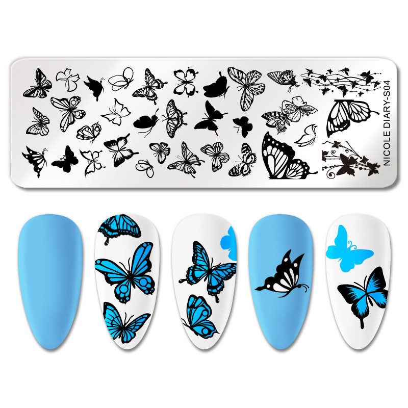 NICOLE DIARY Blue Butterfly Nail Art Stamping Plate Love Heart Wave Line Εικόνα Πρότυπα σφραγίδας νυχιών UV Gel Polish Εργαλεία εκτύπωσης