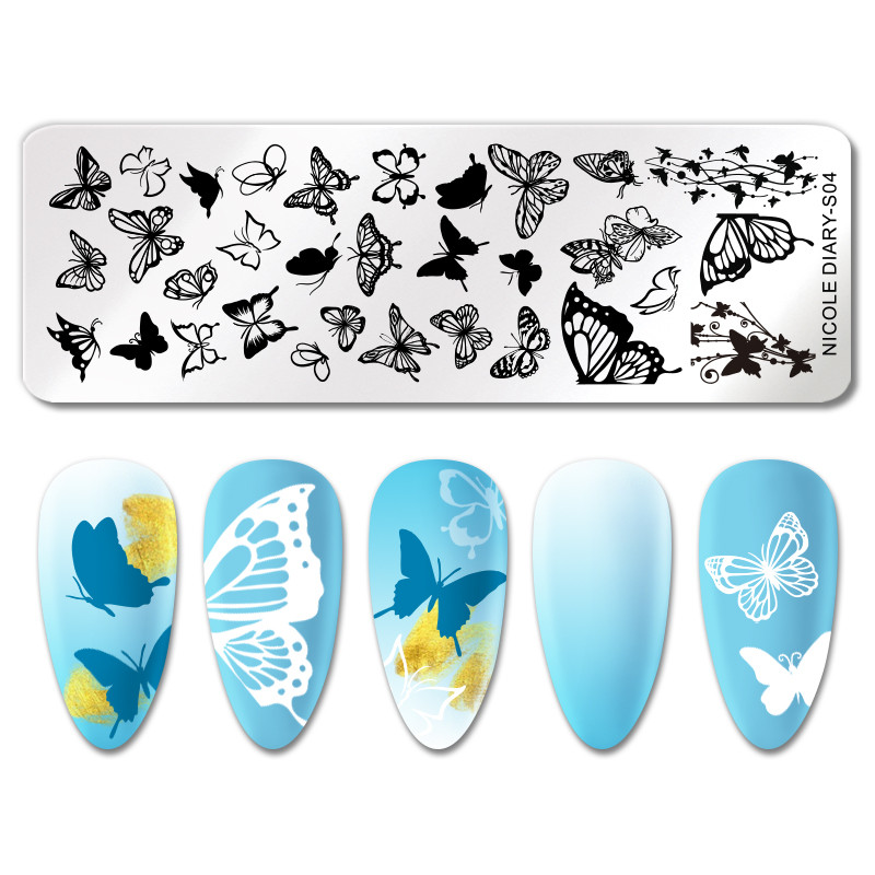 NICOLE DIARY Blue Butterfly Nail Art Stamping Plate Love Heart Wave Line Εικόνα Πρότυπα σφραγίδας νυχιών UV Gel Polish Εργαλεία εκτύπωσης