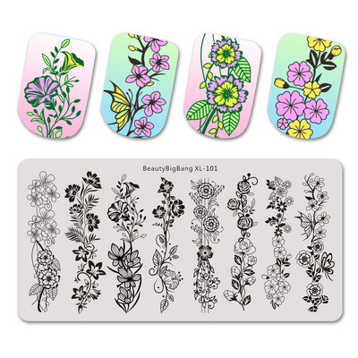 BeautyBigBang 6*12cm Ορθογώνια Πλάκες Σφράγισης Νυχιών Καλοκαιρινό Λουλούδι Γεωμετρία Νυχιών Πρότυπο Πρότυπο εικόνας Στένσιλ για πιάτο