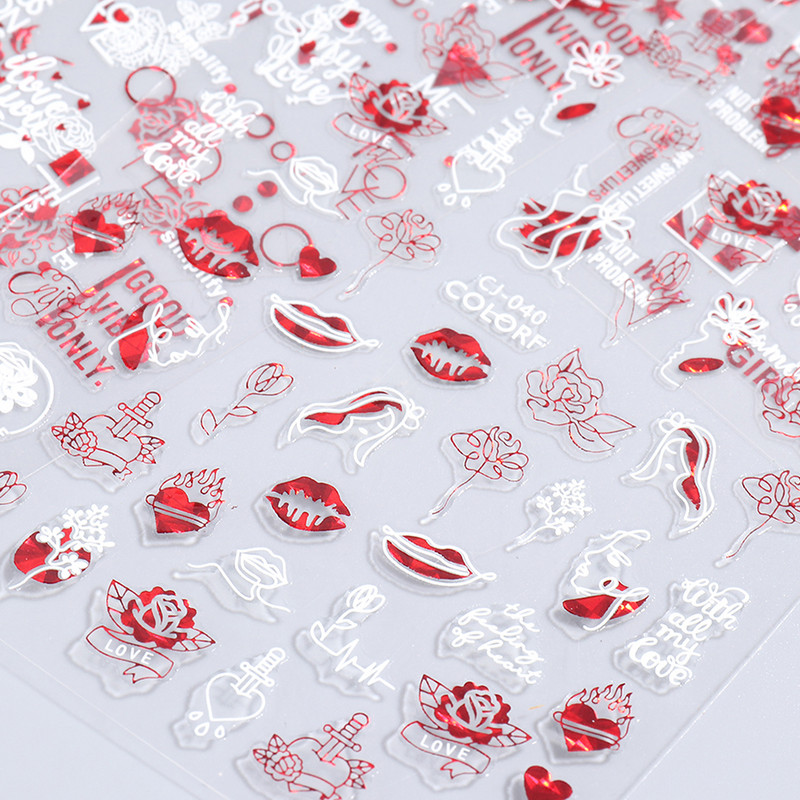 Laser Κόκκινα Λευκά Αυτοκόλλητα Νυχιών Καρδιά Ρυθμιστές Πρότασης Γάμου για Νύχια Τρισδιάστατο βερνίκι βερνίκι διακοσμητικό μανικιούρ Αγίου Βαλεντίνου LECJ037-45
