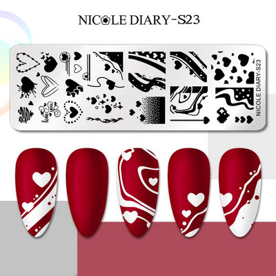 NICOLE DIARY Πλάκα εκτύπωσης καρδιών ρίγες για την ημέρα του Αγίου Βαλεντίνου Πρότυπα σφραγίδας νυχιών εικόνας λουλουδιών Πλάκα εκτύπωσης με βερνίκι νυχιών