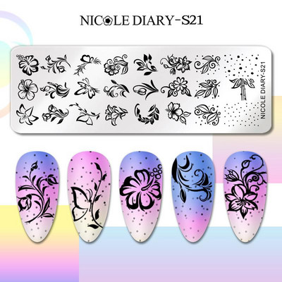 NICOLE DIARY Πλάκα εκτύπωσης καρδιών ρίγες για την ημέρα του Αγίου Βαλεντίνου Πρότυπα σφραγίδας νυχιών εικόνας λουλουδιών Πλάκα εκτύπωσης με βερνίκι νυχιών