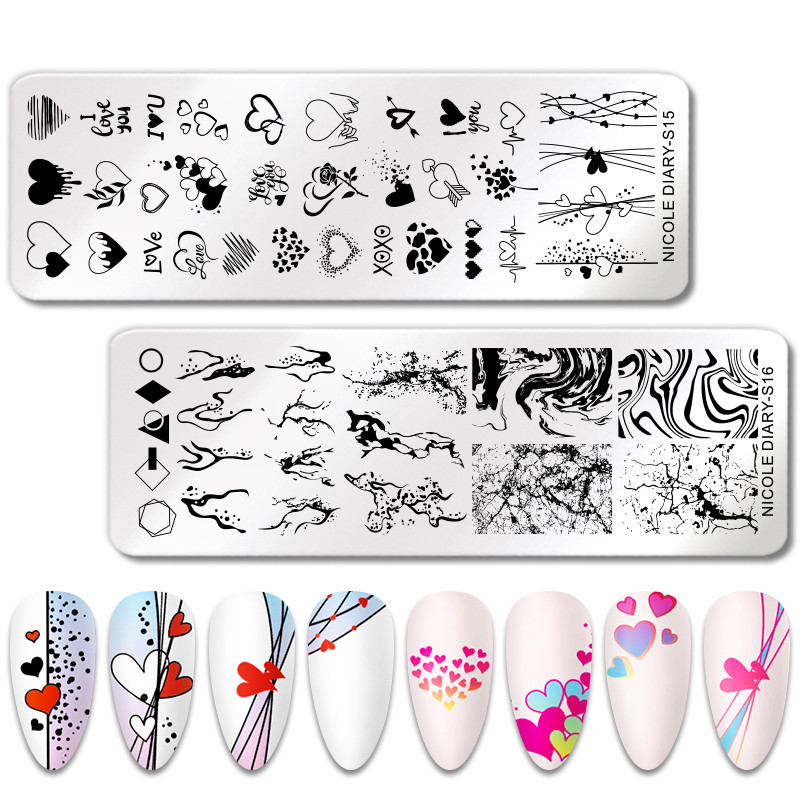 NICOLE DIARY Πλάκα εκτύπωσης καρδιών ρίγες για την ημέρα του Αγίου Βαλεντίνου Πρότυπα σφραγίδας νυχιών εικόνας λουλουδιών Πλάκα εκτύπωσης με βερνίκι νυχιών