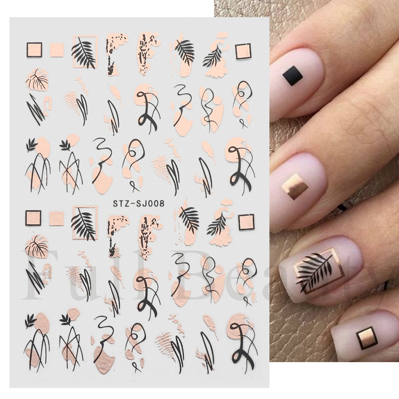 1db Rose Gold Leaf 3D köröm matricák csúszka fém fekete vonal geometrikus emberi arc növények nyári manikűr művészeti matricák JISTZSJ