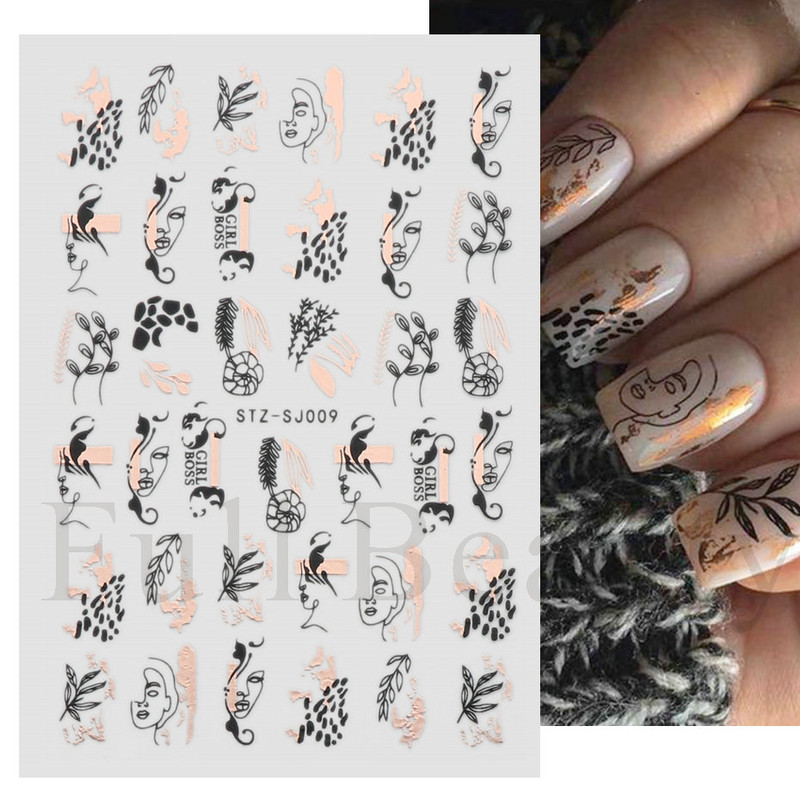 1db Rose Gold Leaf 3D köröm matricák csúszka fém fekete vonal geometrikus emberi arc növények nyári manikűr művészeti matricák JISTZSJ