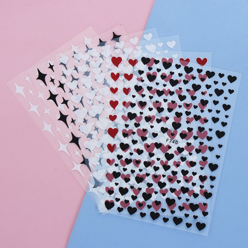 3D romantiška miela meilė širdelė žvaigždės formos nagų lipdukai Raudoni juodi balti nagų lipdukai „pasidaryk pats“ manikiūras, nagų dailės dekoravimas