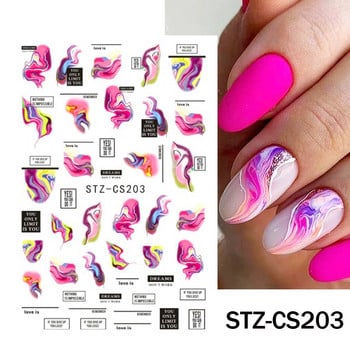 3D Colurful Ink Blooming Marble Nails Decals Геометрични френски метални линии Стикер Писмо Плъзгач Nail Art Маникюр CHSTZ-CS203