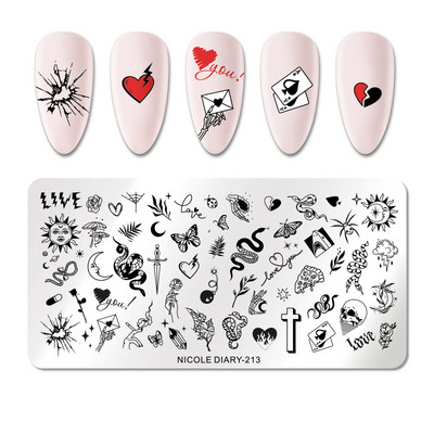 NICOLE DIARY Marble Abstract Geometry Nail Stamping Plates Heart Lines Pattern Nail Stencils Leaf Flower Stamping for Nails