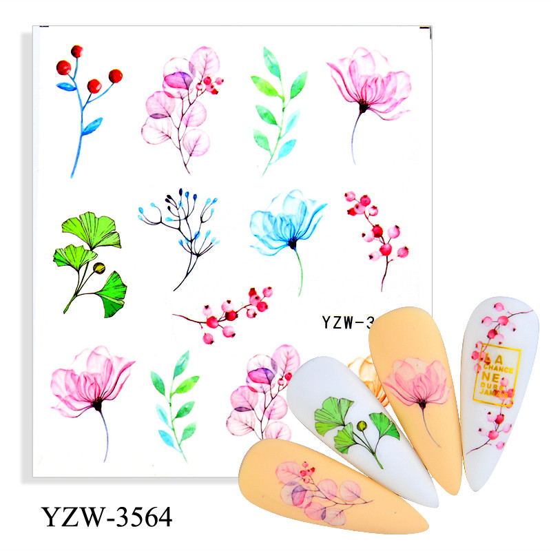 Tavaszi egyszerű zöld rózsaszín mintás víz köröm matrica virág levél fa téli barkács csúszka körömdíszítéshez, manikűr dekorációhoz