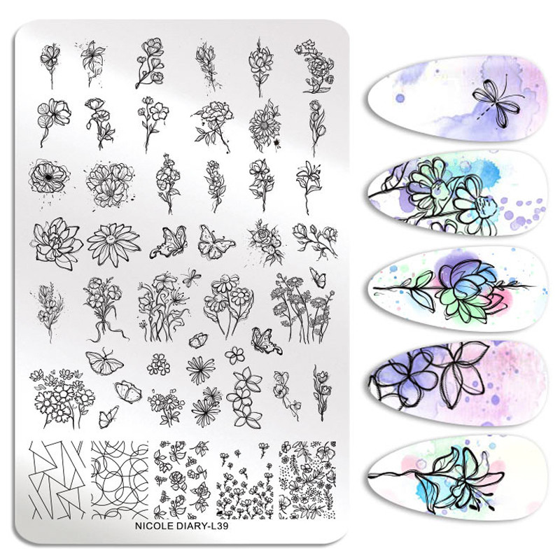 ΗΜΕΡΟΛΟΓΙΟ NICOLE Big Rectangle Nail Stamping Plates Flower Leaves Template Stamping Dot Point Image Printing Stencil Manicuring