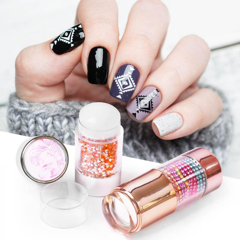 Εργαλείο εικόνας για πρότυπο καρφιών 1 σετ ξύστρα για σφράγιση νυχιών διπλής κεφαλής με καπάκι διάφανο λευκό σιλικόνης με σαμπάνια με στρας