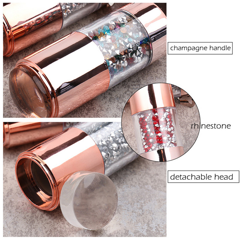 Εργαλείο εικόνας για πρότυπο καρφιών 1 σετ ξύστρα για σφράγιση νυχιών διπλής κεφαλής με καπάκι διάφανο λευκό σιλικόνης με σαμπάνια με στρας