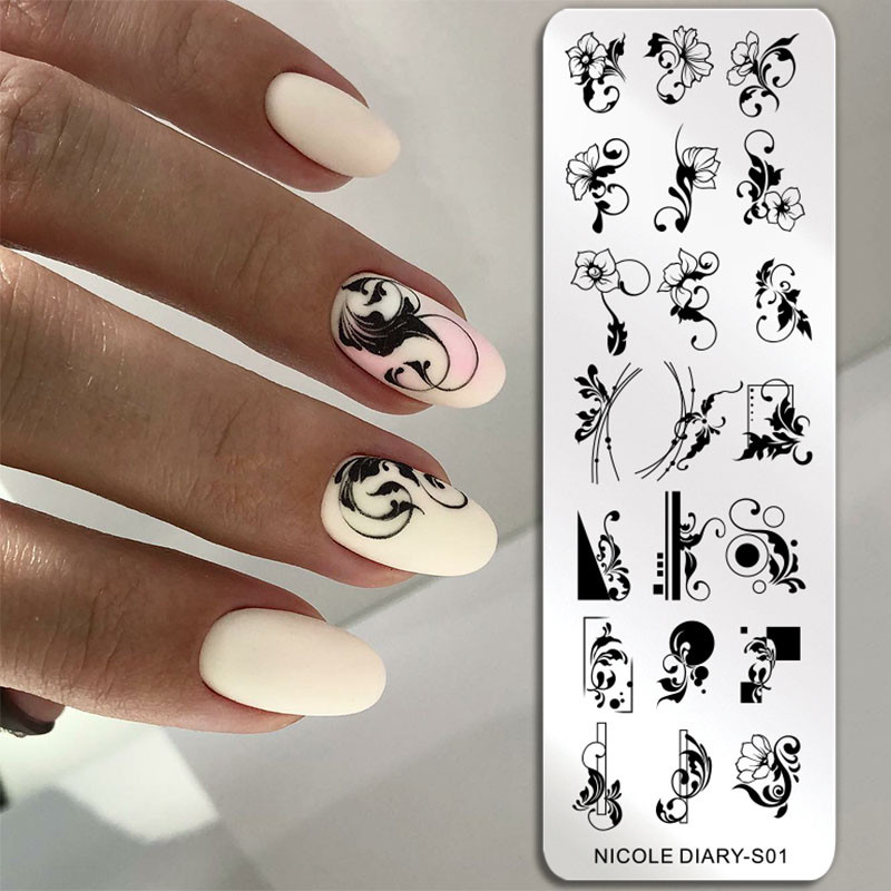 NICOLE DIARY Πλάκες για σφράγιση νυχιών Ρωσικά λουλούδια Πρότυπο σφραγίδας ρίγες σχέδιο στένσιλ με λουλουδάτο φύλλο γαλλικού στένσιλ για εκτύπωση νυχιών