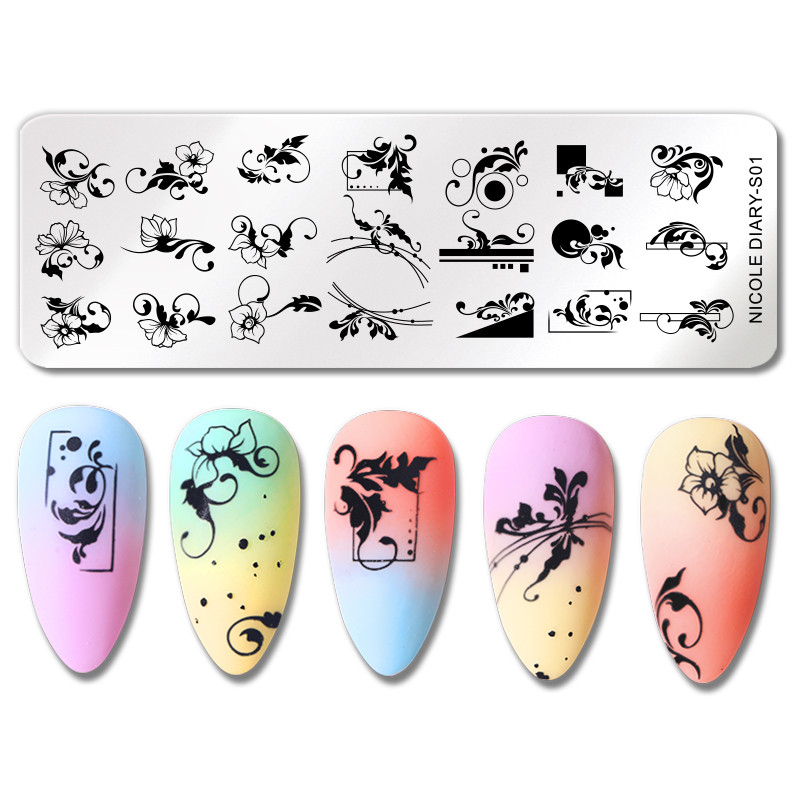 NICOLE DIARY Πλάκες για σφράγιση νυχιών Ρωσικά λουλούδια Πρότυπο σφραγίδας ρίγες σχέδιο στένσιλ με λουλουδάτο φύλλο γαλλικού στένσιλ για εκτύπωση νυχιών