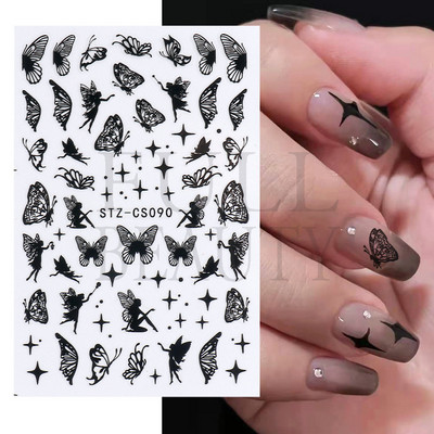 Αυτοκόλλητα για νύχια Black Stars Blooming Gradient Hollow Starlight Hexagram Heart Butterfly Dark style Cool Girl Manicure Decal LS-J56