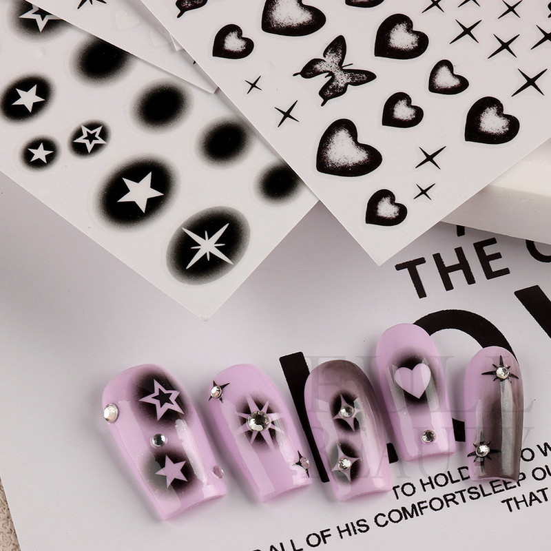 Αυτοκόλλητα για νύχια Black Stars Blooming Gradient Hollow Starlight Hexagram Heart Butterfly Dark style Cool Girl Manicure Decal LS-J56